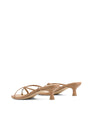 Women's kitten heel strappy sandal with gold metallic toe ring in tan leather