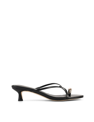 Women's kitten heel strappy sandal with gold metallic toe ring in black leather