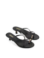 Women's kitten heel strappy sandal with gold metallic toe ring in black leather