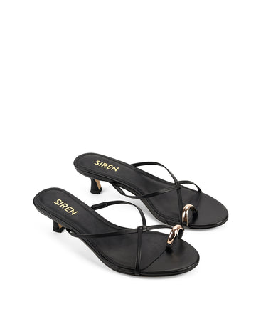 Women's kitten heel strappy sandal with gold metallic toe ring in black leather