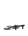 Women's kitten heel strappy sandal with gold metallic toe ring in black leather