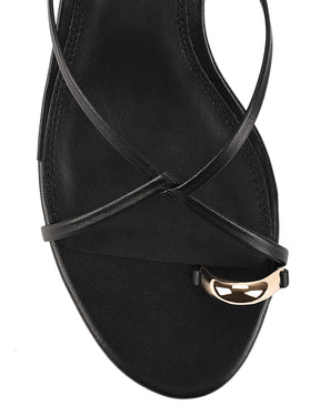 Women's kitten heel strappy sandal with gold metallic toe ring in black leather