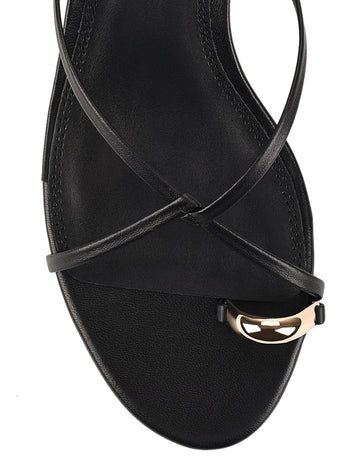 Women's kitten heel strappy sandal with gold metallic toe ring in black leather