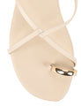 Women's kitten heel strappy sandal with gold metallic toe ring in chalk white leather