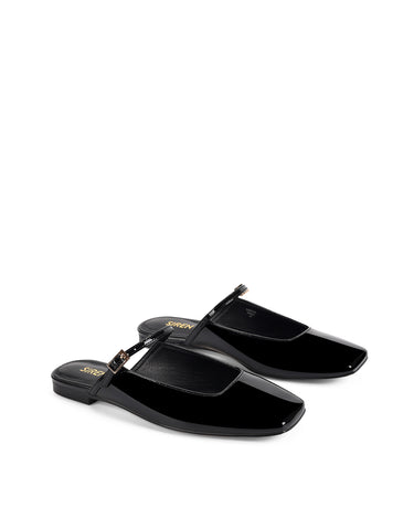 Women's black patent flat mary-jane slip on mule with square toe 