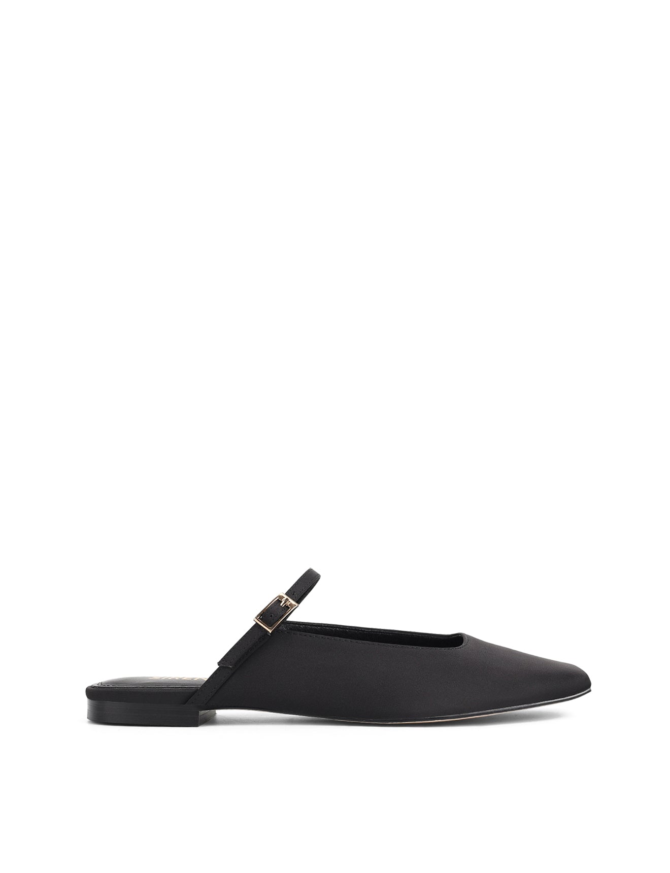 Women's black satin flat mary-jane slip on mule with square toe 