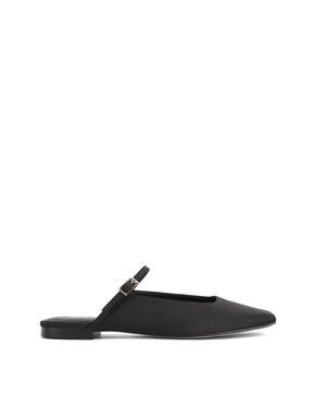 Women's black satin flat mary-jane slip on mule with square toe 
