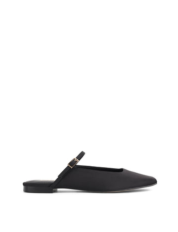 Women's black satin flat mary-jane slip on mule with square toe 