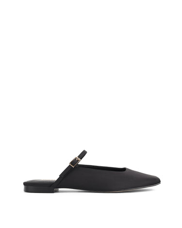 Women's black satin flat mary-jane slip on mule with square toe 