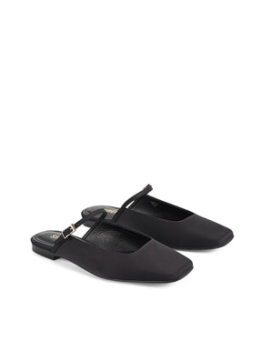 Women's black satin flat mary-jane slip on mule with square toe 