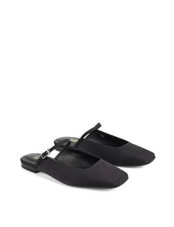 Women's black satin flat mary-jane slip on mule with square toe 