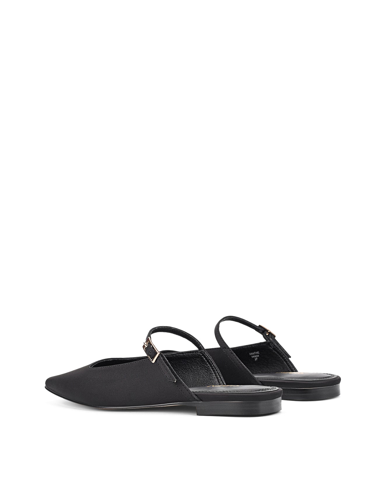 Women's black satin flat mary-jane slip on mule with square toe 