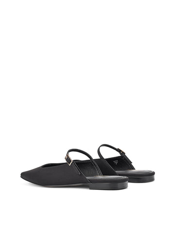 Women's black satin flat mary-jane slip on mule with square toe 