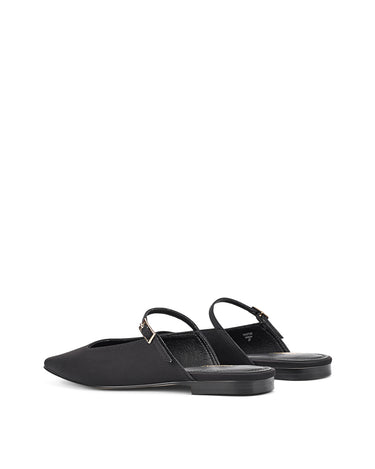 Women's black satin flat mary-jane slip on mule with square toe 