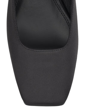 Women's black satin flat mary-jane slip on mule with square toe 
