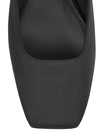Women's black satin flat mary-jane slip on mule with square toe 