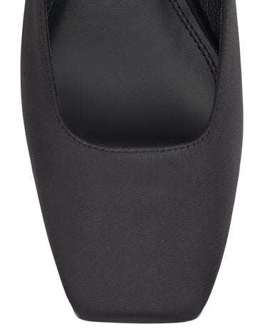 Women's black satin flat mary-jane slip on mule with square toe 