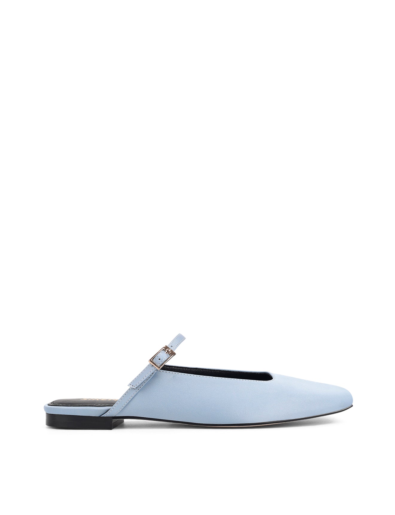Women's blue satin flat mary-jane slip on mule with square toe 