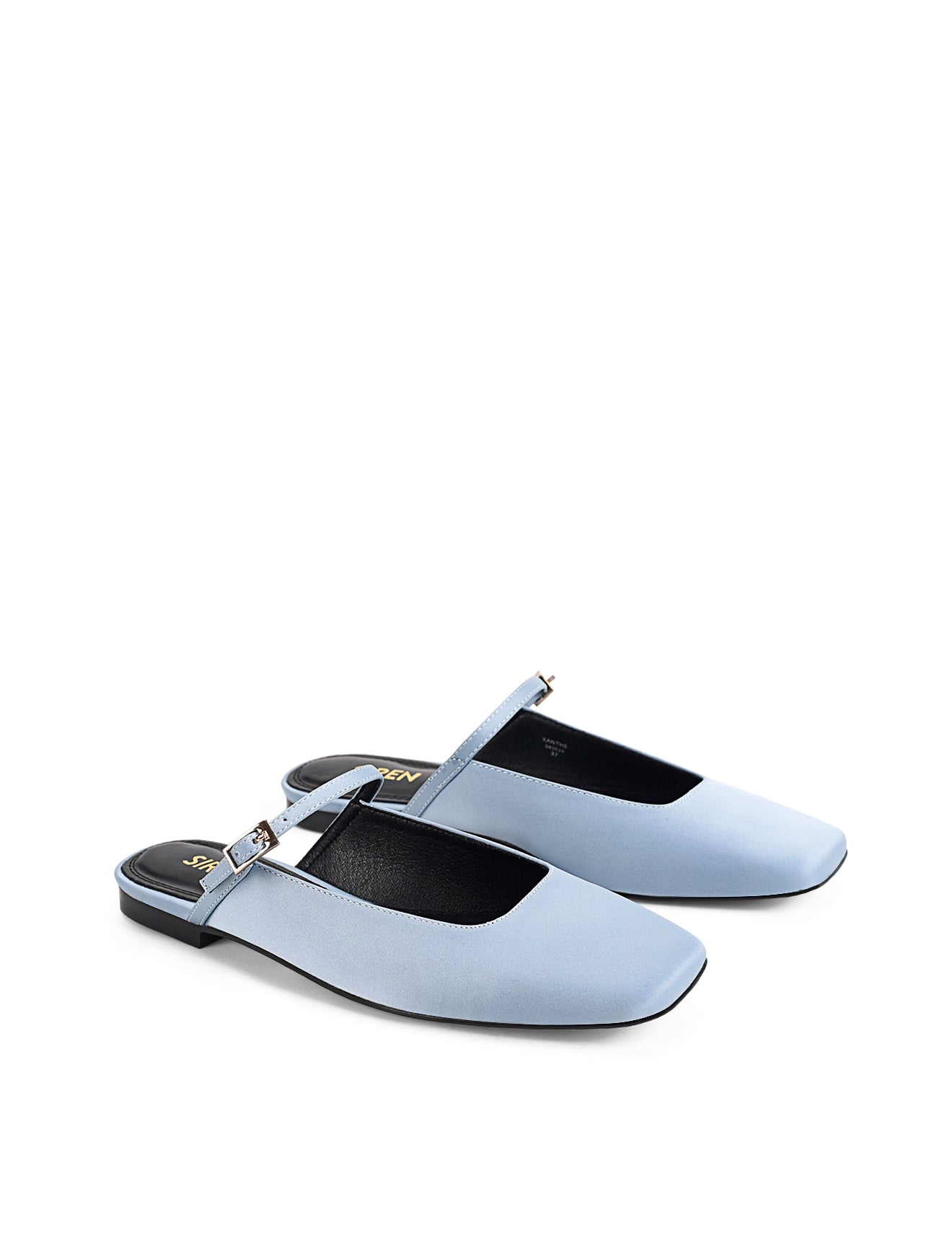 Women's blue satin flat mary-jane slip on mule with square toe 