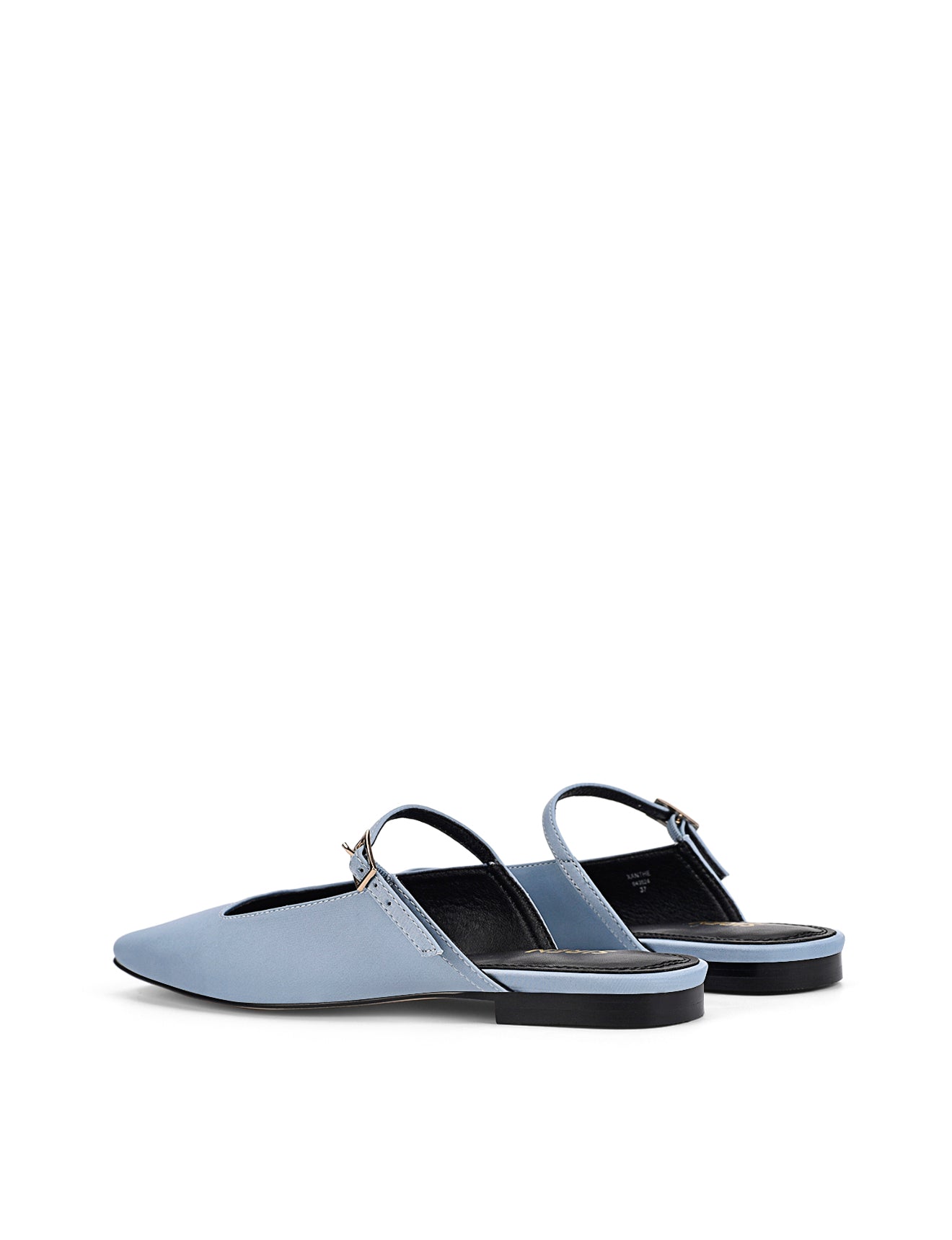 Women's blue satin flat mary-jane slip on mule with square toe 