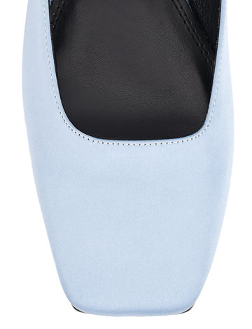 Women's blue satin flat mary-jane slip on mule with square toe 