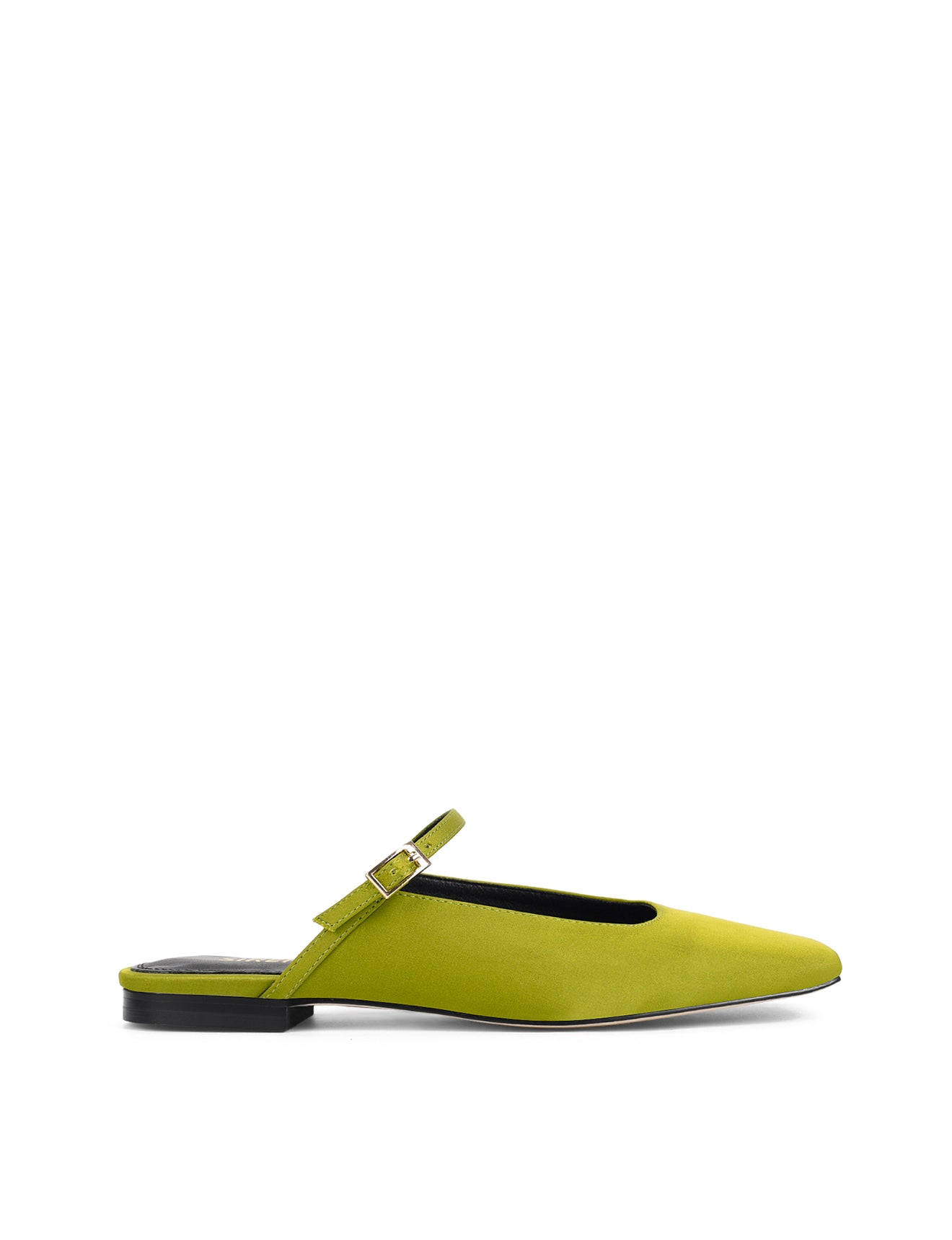 Women's green satin flat mary-jane slip on mule with square toe 