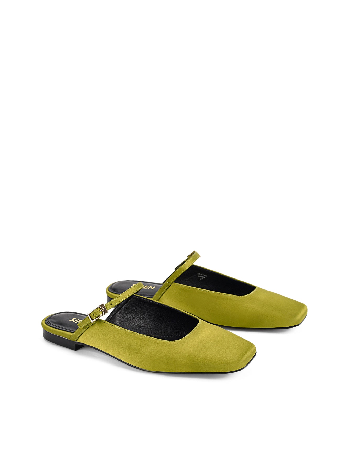 Women's green satin flat mary-jane slip on mule with square toe 