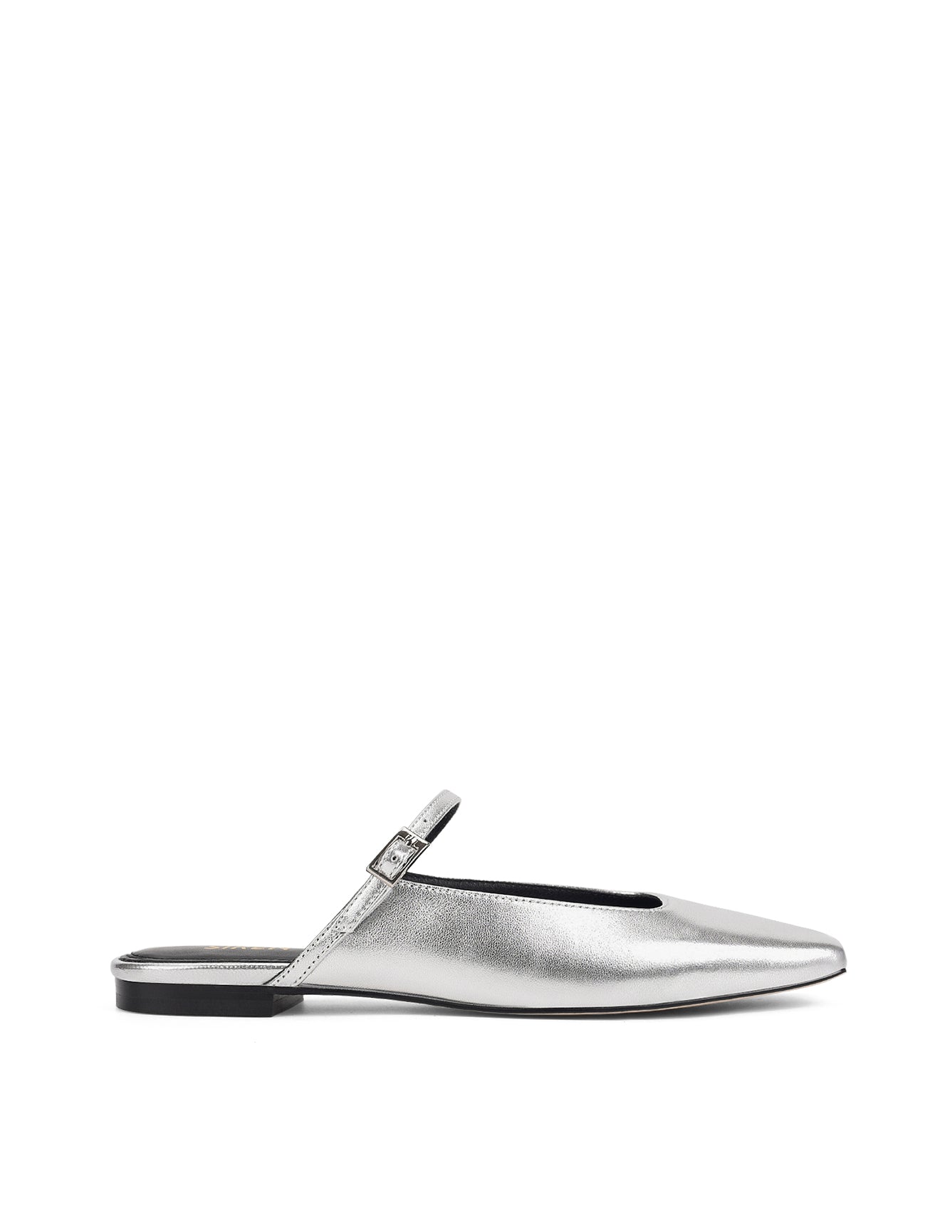 Women's silver metallic leather flat mary-jane slip on mule with square toe 