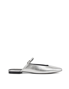 Women's silver metallic leather flat mary-jane slip on mule with square toe 