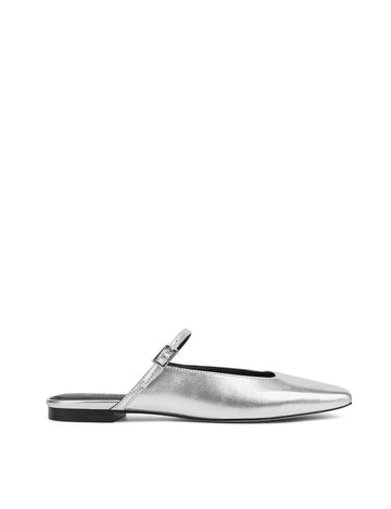 Women's silver metallic leather flat mary-jane slip on mule with square toe 
