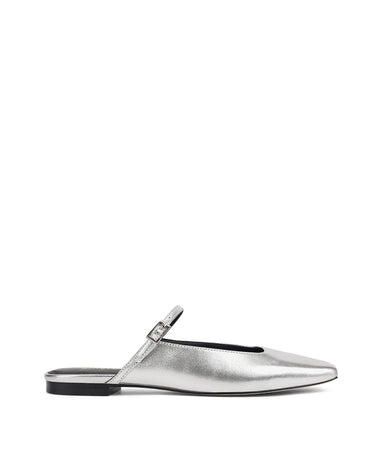 Women's silver metallic leather flat mary-jane slip on mule with square toe 