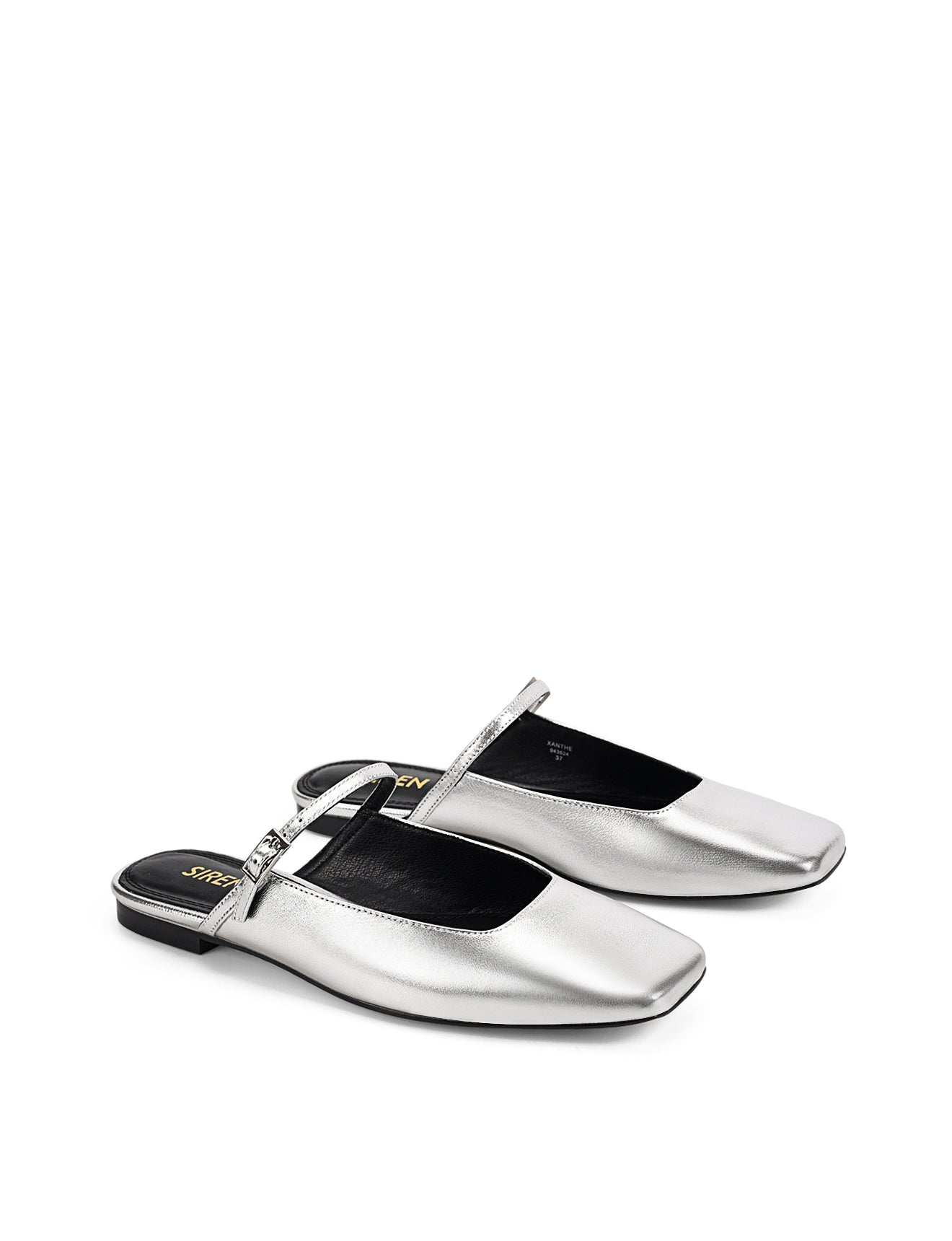 Women's silver metallic leather flat mary-jane slip on mule with square toe 