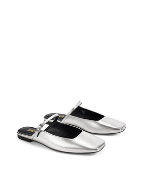 Women's silver metallic leather flat mary-jane slip on mule with square toe 