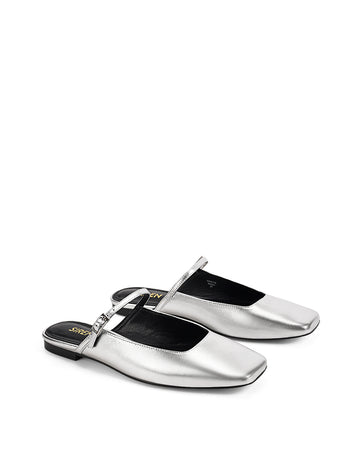 Women's silver metallic leather flat mary-jane slip on mule with square toe 