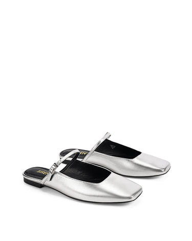 Women's silver metallic leather flat mary-jane slip on mule with square toe 
