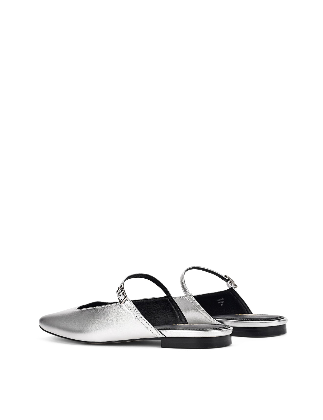 Women's silver metallic leather flat mary-jane slip on mule with square toe 