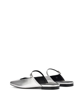 Women's silver metallic leather flat mary-jane slip on mule with square toe 
