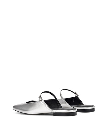 Women's silver metallic leather flat mary-jane slip on mule with square toe 