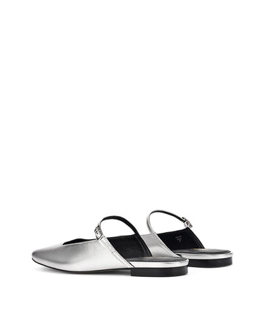 Women's silver metallic leather flat mary-jane slip on mule with square toe 