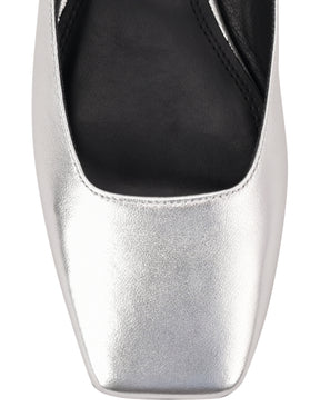 Women's silver metallic leather flat mary-jane slip on mule with square toe 