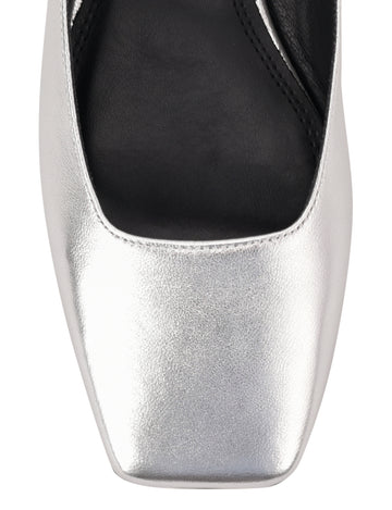 Women's silver metallic leather flat mary-jane slip on mule with square toe 