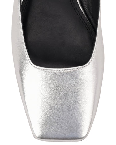 Women's silver metallic leather flat mary-jane slip on mule with square toe 