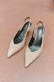 Women's slingback kitten heel in almond tan suede leather with pointed toe and v shaped throat and elastic fastening