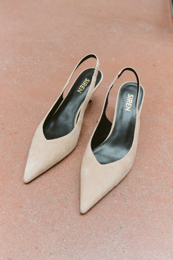 Women's slingback kitten heel in almond tan suede leather with pointed toe and v shaped throat and elastic fastening