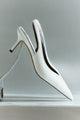 Women's slingback kitten heel in white croc leather with pointed toe and v shaped throat and elastic fastening