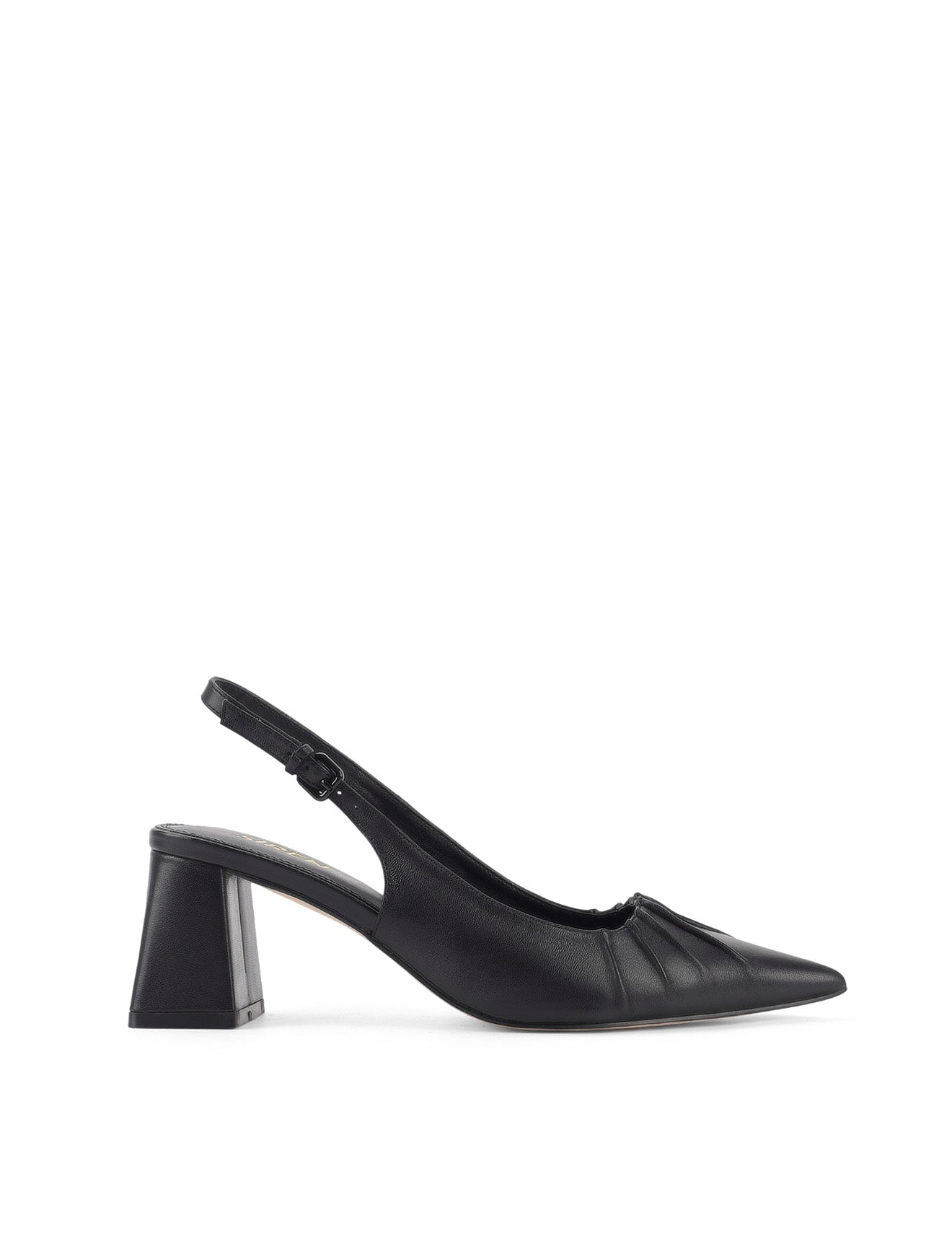 Women's black leather slingback block heel with ruched detailing and buckle fastening