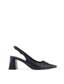 Women's black leather slingback block heel with ruched detailing and buckle fastening