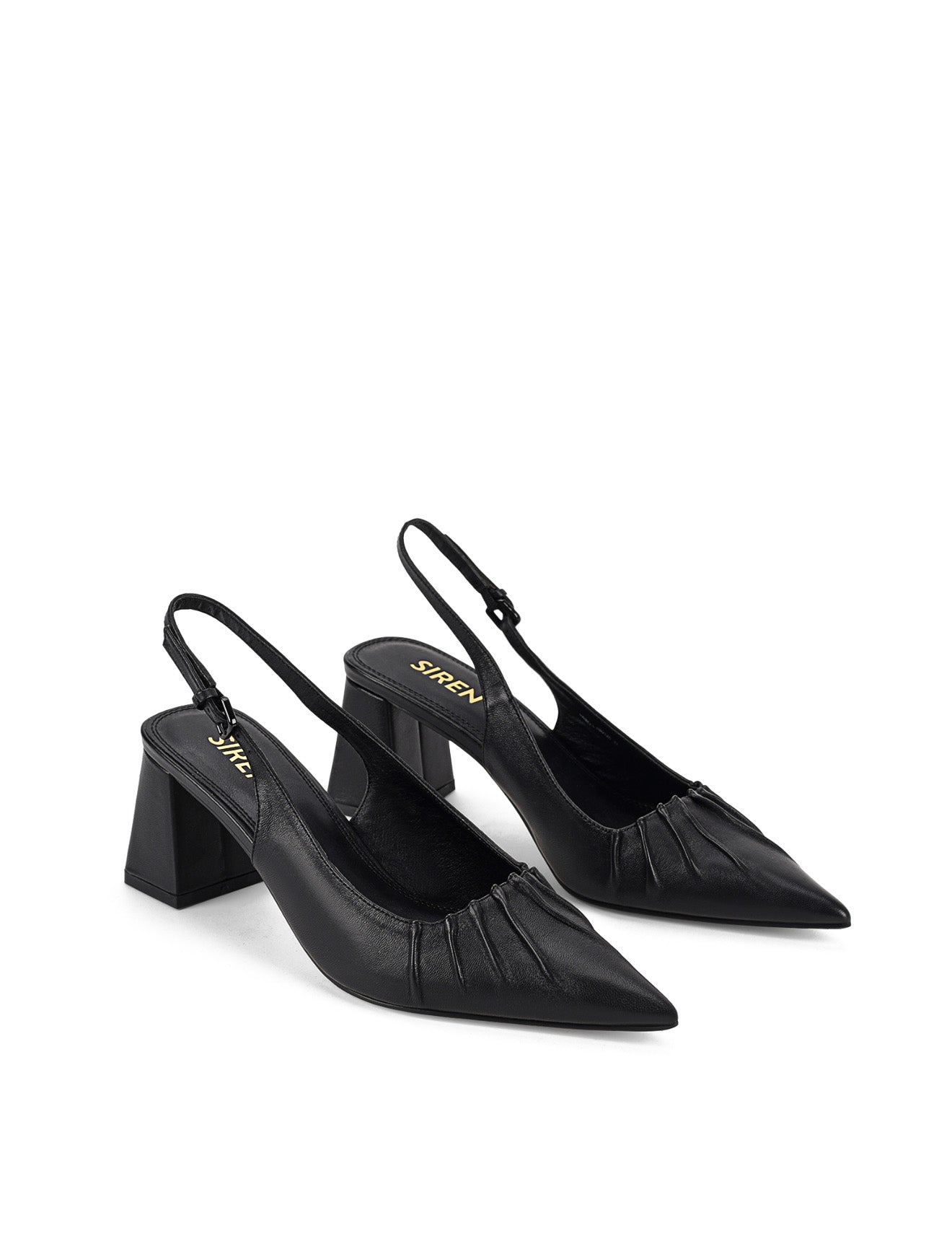 Women's black leather slingback block heel with ruched detailing and buckle fastening