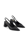 Women's black leather slingback block heel with ruched detailing and buckle fastening