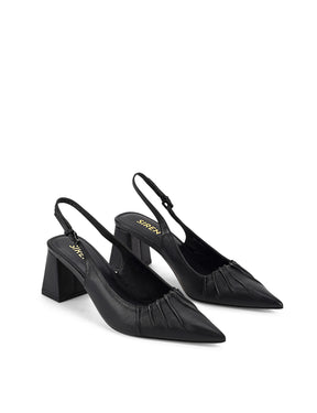 Women's black leather slingback block heel with ruched detailing and buckle fastening